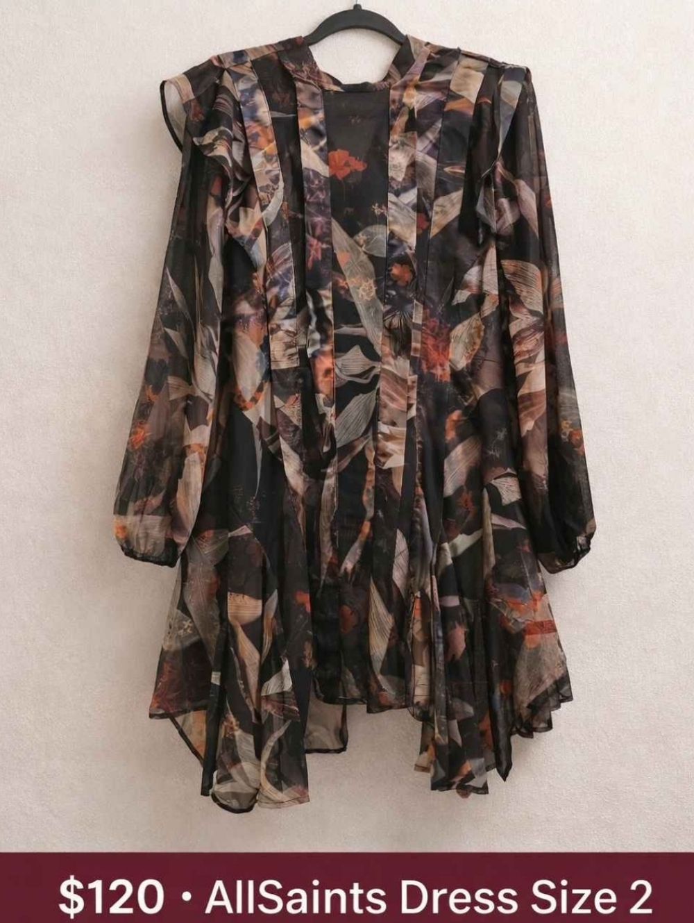 AllSaints Black Floral Asymmetrical Long-Sleeve Dress